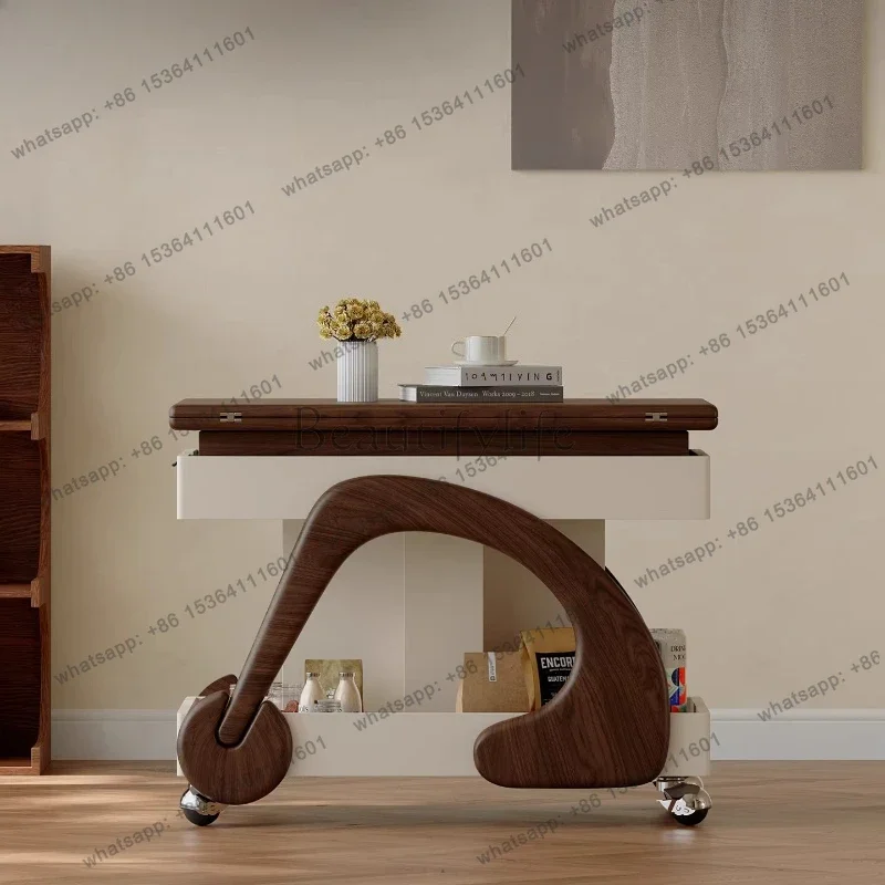 

12Medieval style foldable mobile coffee table French black walnut living room trolley lifting side table