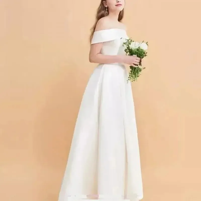 Plus size dames trouwjurk klassiek elegant off-the-shoulder a-lijn avondjurken nieuwe satijnen eenvoudige bruidsjurk