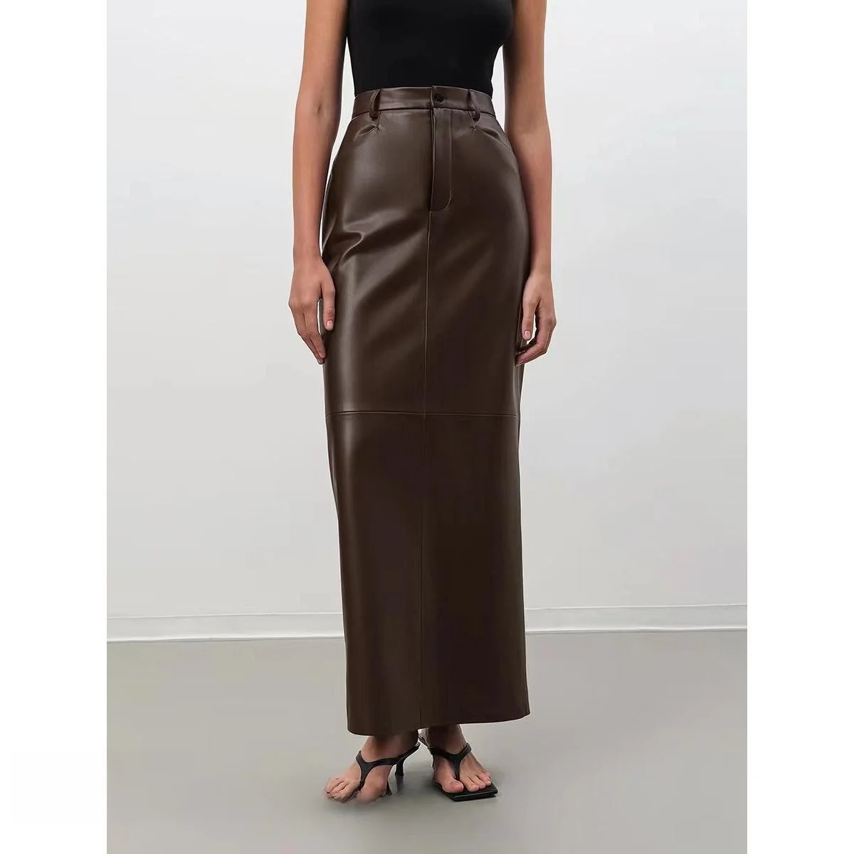 

Юбка из искусственной кожи с высокой талией, облегающая юбка миди длины на молнии, H-образный силуэт, однотонная женская юбка для поездок на работу