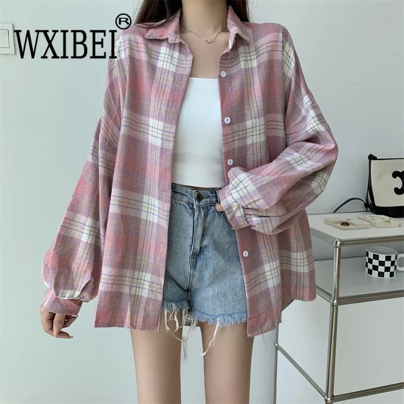 Women Tartan Shirt Long Sleeve Collared Button Up Oversized Plaid Shirt Jacket Grunge Fashion Teenage Girl Spring Summer Outfit