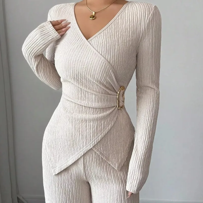 Women 2 Piece Outfit V Neck Wrap Long Sleeve Irregular Top Wide Leg Pants Set Textured Knit Metal Buckle Waist Casual Suit