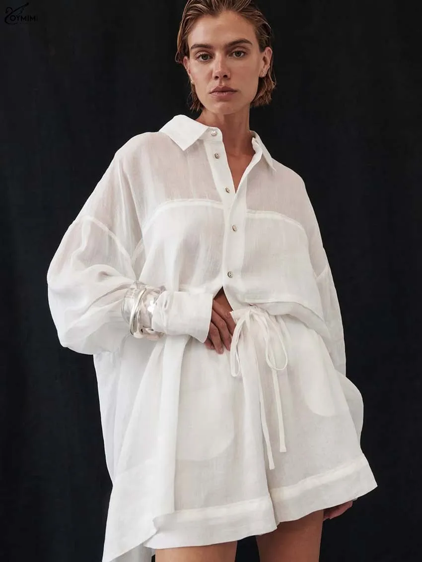 

Oymimi Casual White Cotton 2 Piece Sets Woman Outfits Fashion Turn-Down Collar Long Sleeve Button Shirts + Drawstring Shorts Set