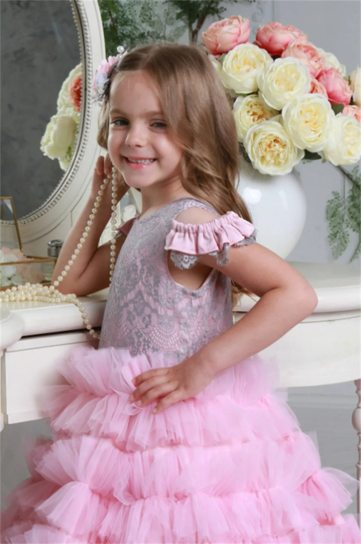 

Pink Angel Layered Tulle Flower Girl Dress Lace Wedding Elegant First Communion Gowns Birthday Princess Party Girl Gift