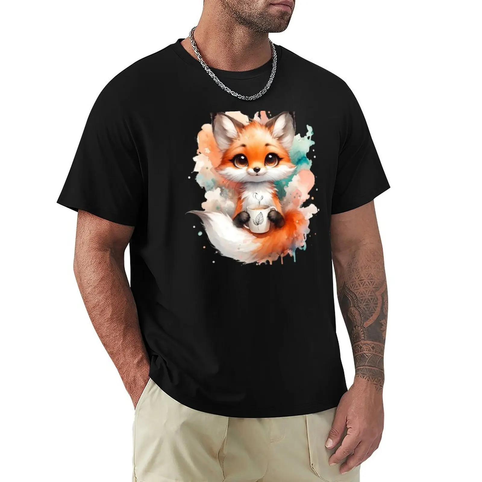 

Fox with Cup of Hot Chocolate T-Shirt Louboutins summer shirt blue archive man t shirt plain white t shirts men