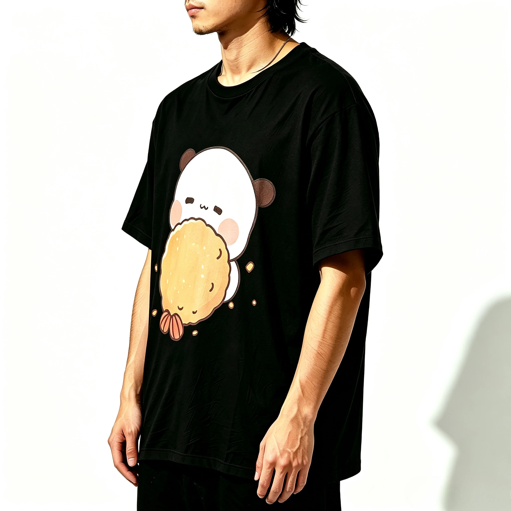 Cartoon Unisex Loose Short Sleeve Modal T-Shirt Adorable Panda With Fried Food Graphic Tee Daily Casual Summer Tops
