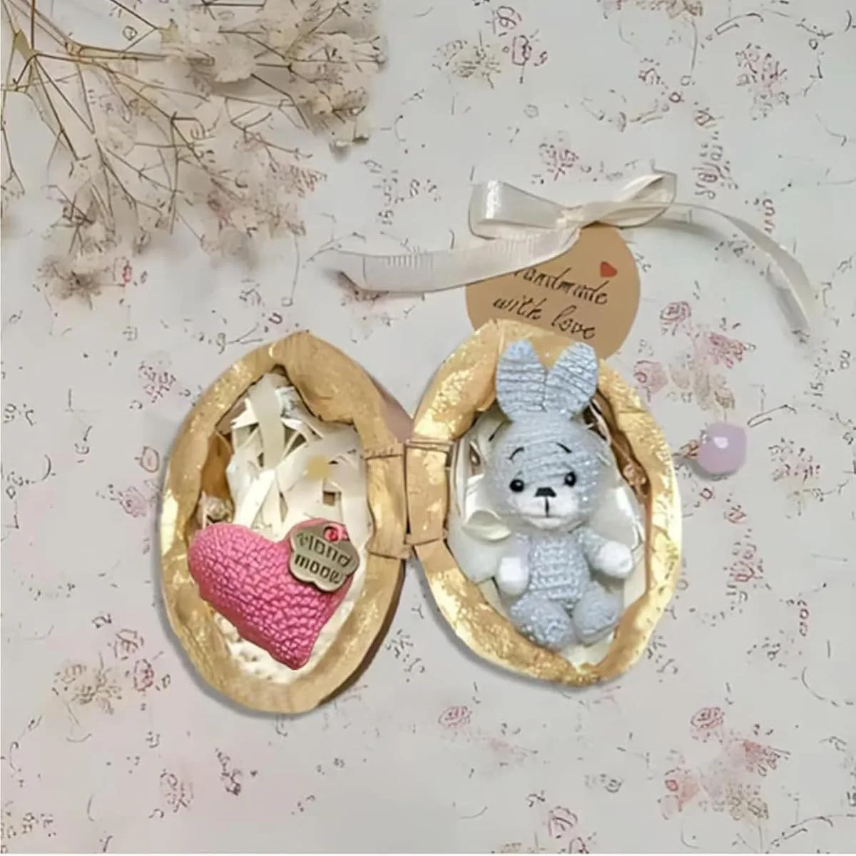 Walnut Shell Resin Figurine with Hidden Rabbit and Bear - Handmade Resin Art for Garden Decor, Unique Animal Sculpture Outdoor