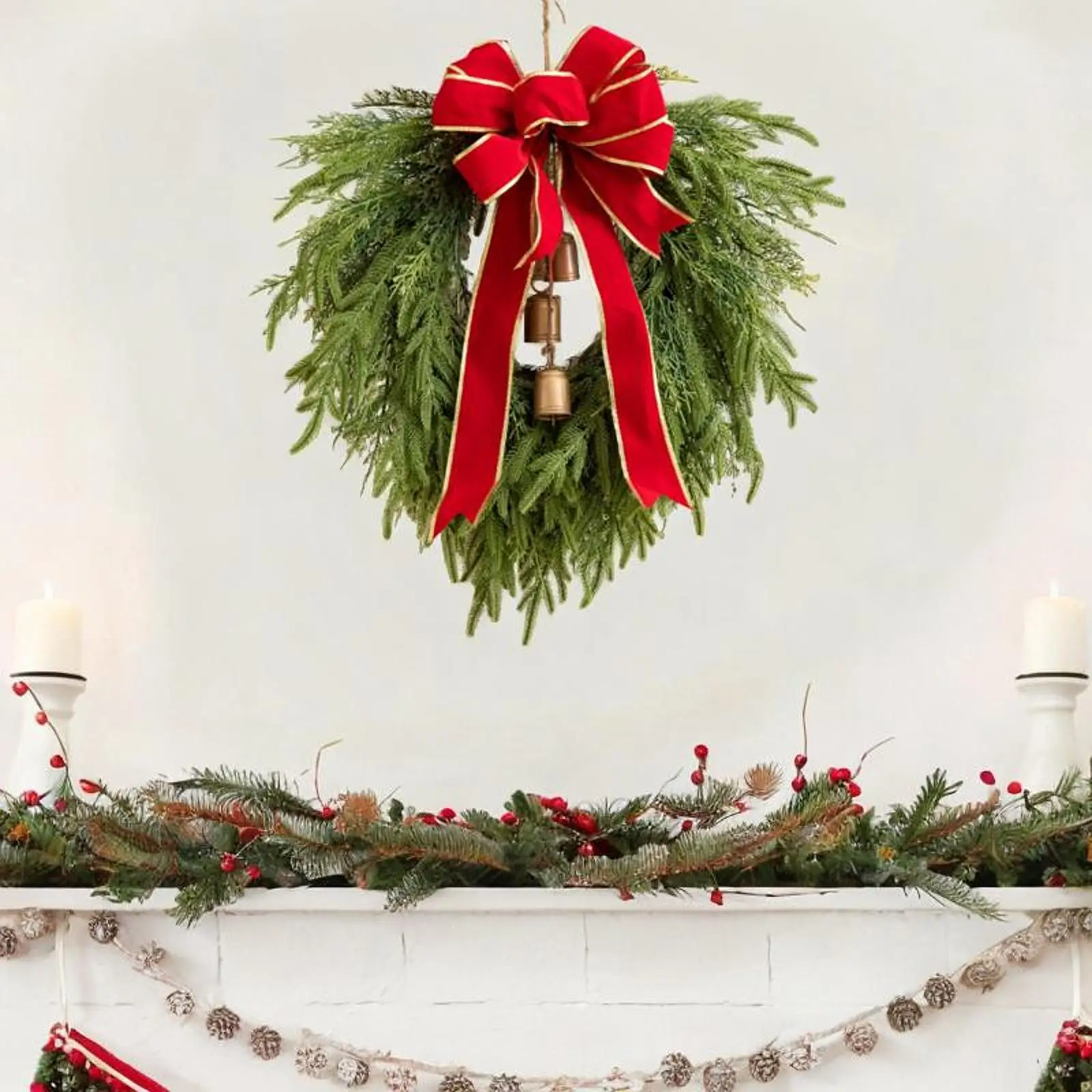 50cm Artificial Pine Christmas Wreath with Bell Xmas Wreath Lifelike Front Door