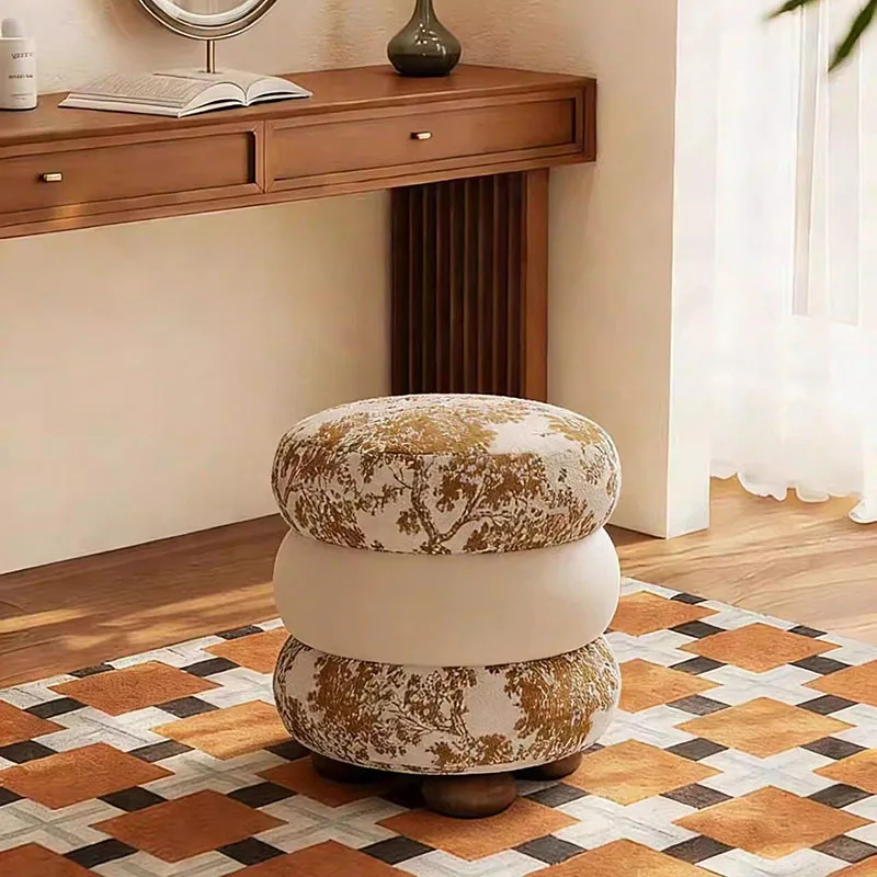 Home Furniture Vintage Round Makeup Stools Solid Wood Luxury Vanity Chair Ottoman Footstool Bedroom Dresser Home Decor Side Seat