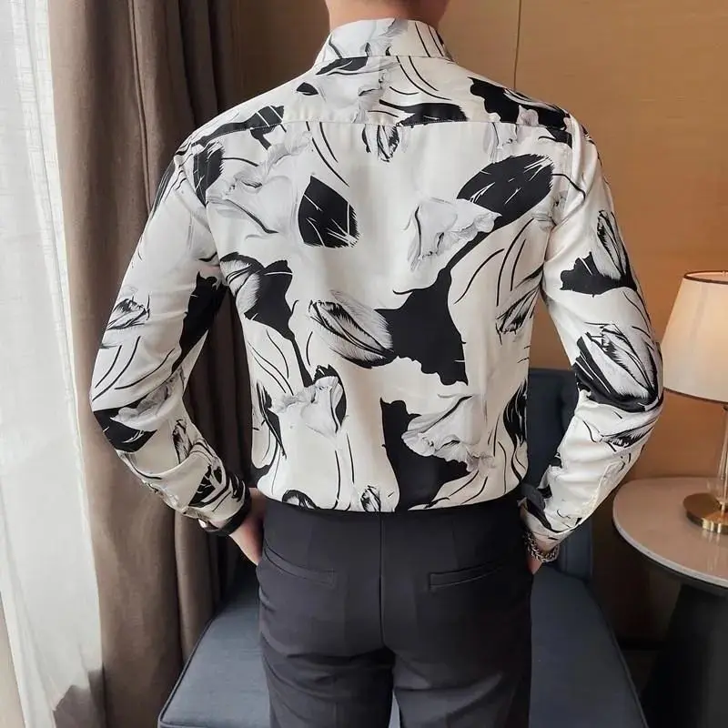 Men\'s 2024 Summer New Patchwork Square Collar Button Printing Fashion Slim Comfortable All Match Casual Long Sleeved Shirts