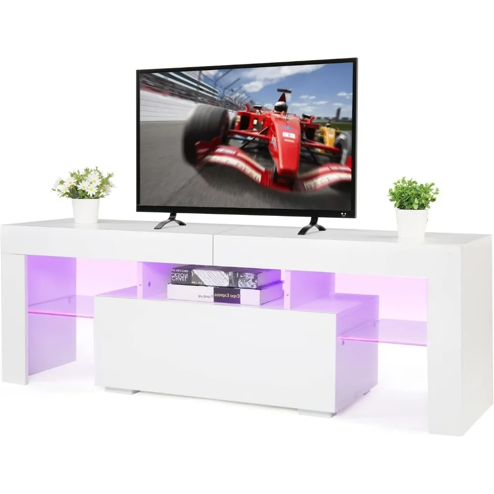 

LED TV Stand, 51'' High Glossy Modern Entertainment Center with LED Lights and Storage for 40/43/50/55 Inch TV .