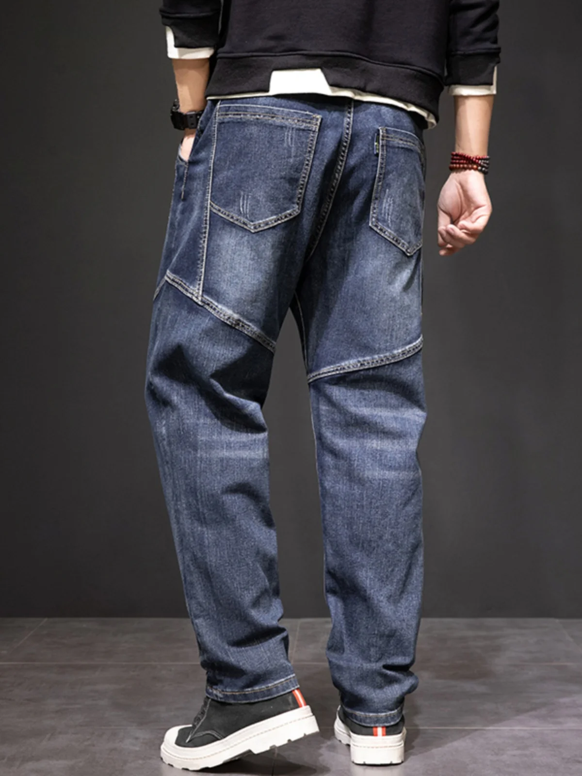 

Мужские джинсы в стиле ретро, американские, с вставками, новинка осени 2026, свободные, на резинке, с поясом, модные, прямого кроя, больших размеров
