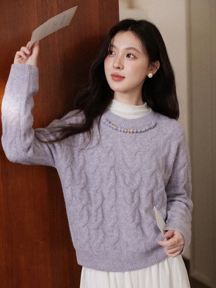 ALXNAN Truien met ronde hals Herfst Gedraaid patroon Kleurrijke kralen Losvallende damestrui Zoete zachte damesgebreide kleding L58901