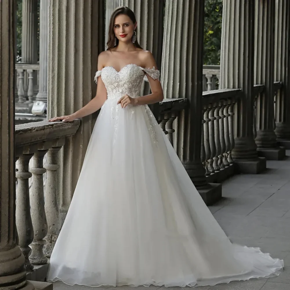 Abiti Da Sposa lunghi lucidi al largo della spalla abiti Da Sposa in Tulle con applicazioni A Line Sweep Train Abito Da Sposa