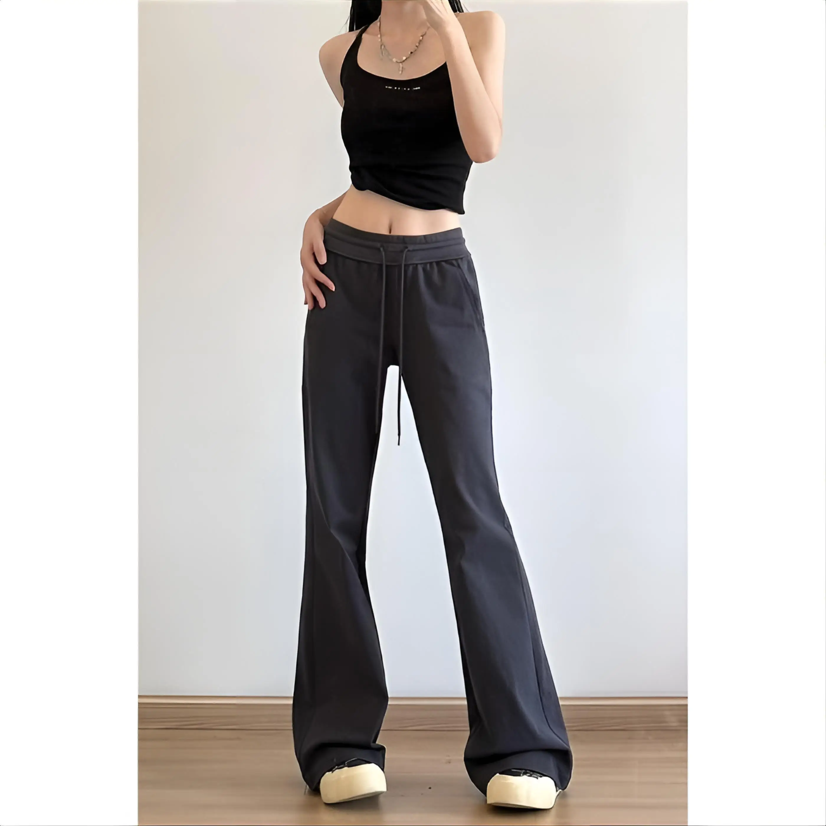 Pantaloni bootcut Donna Vita bassa Donna Kpop Ulzzang Stile coreano Pelle pieghettata Borchie Alla moda Personalità unica Alla moda Selvaggia