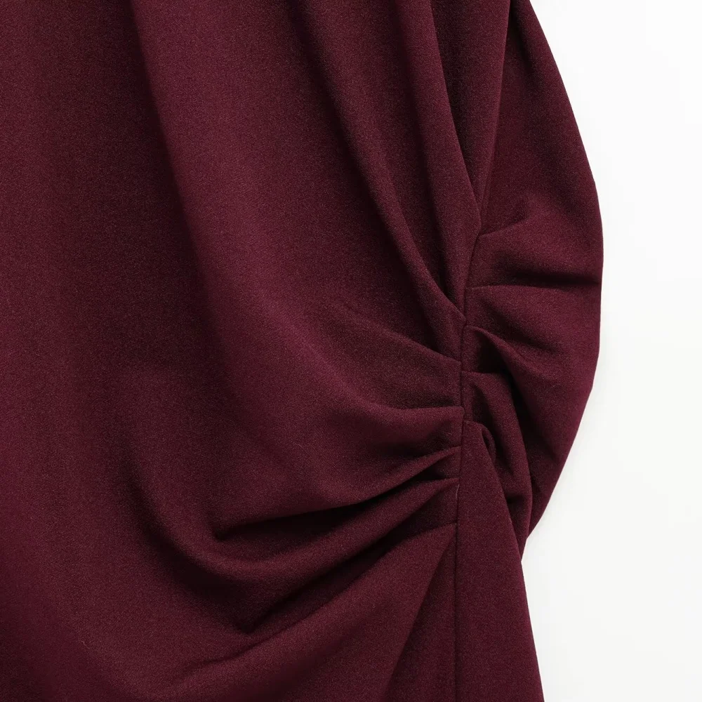 Plissado cor sólida fino ajuste midi vestido em torno do pescoço manga curta fenda zíper verão nova moda feminina vestido longo