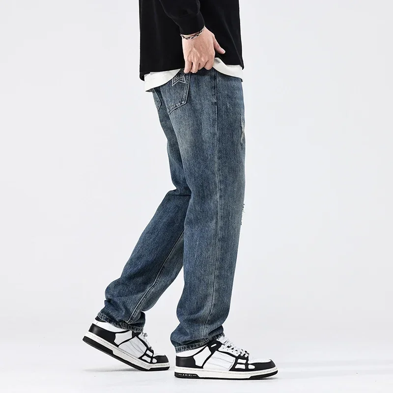 Casual Vintage Blue Ripped Jeans For Men Star Printed Male's Trousers Zipper Fly Long Pants