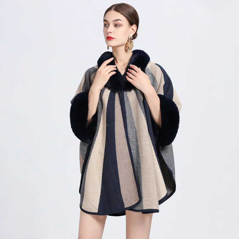 Europe America Autumn Winter Faux Rex Rabbit Fur Overcoat Cloak Jacquard Shawl Jacket Elegant Cape Knitted Cardigan Woolen Coat