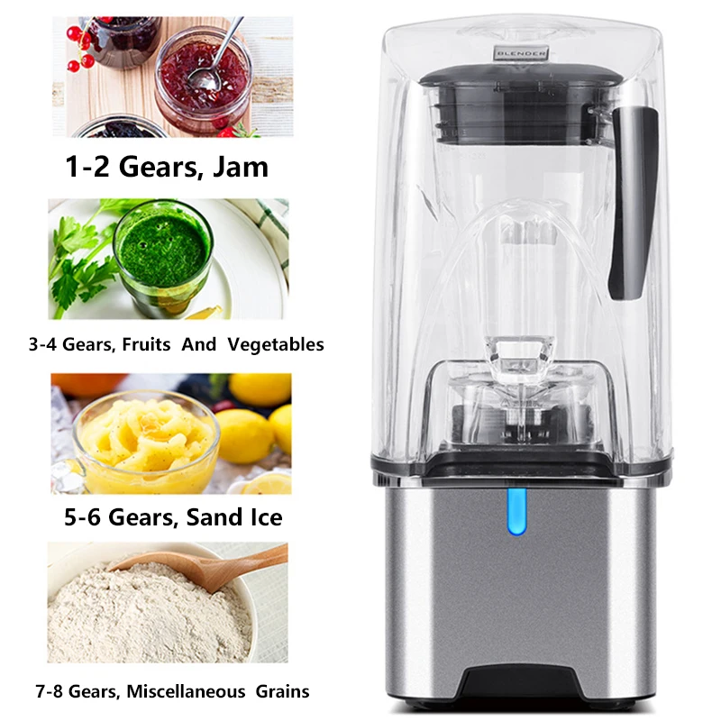 2200W Commercial Blender Smart Timer Blender Mixer Juicer Food Processor 110V 220V Ice Smoothies Crusher With Soundproof Cover