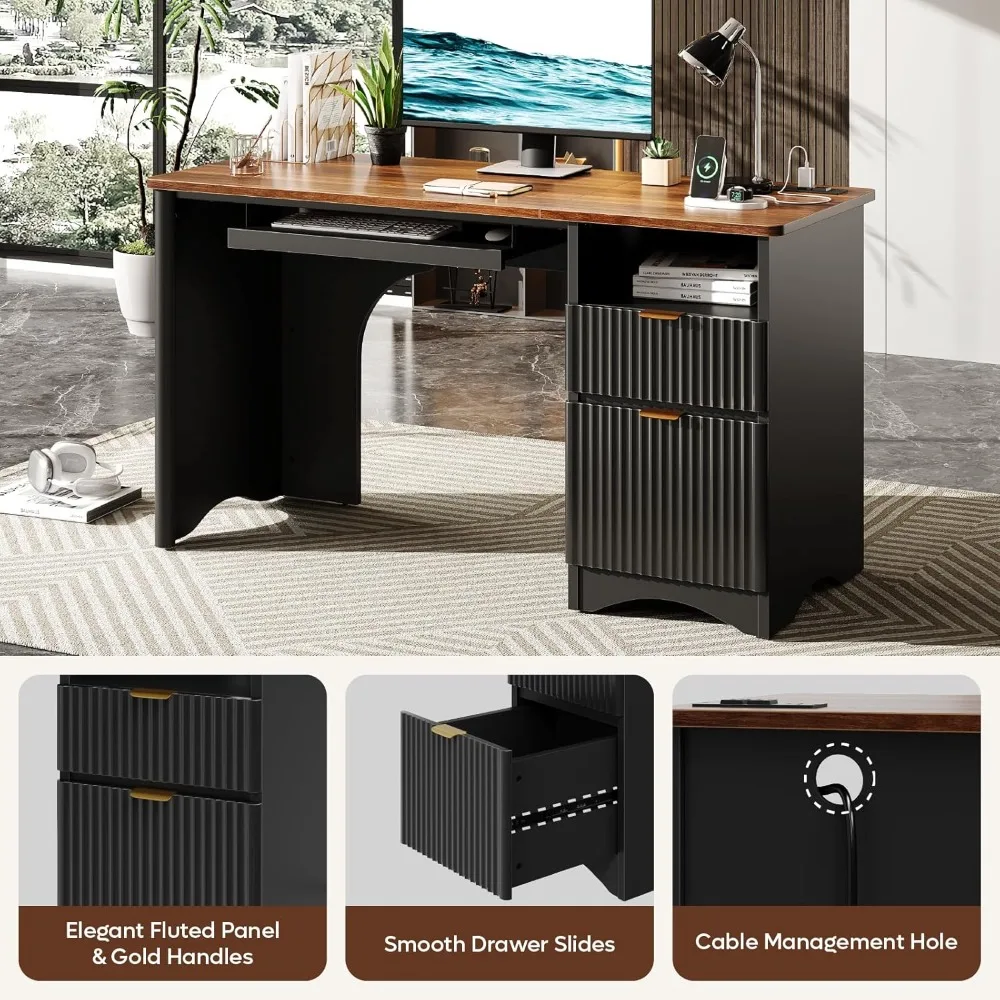 مكتب كمبيوتر مع صينية لوحة المفاتيح، مكتب مكتب 55 بوصة مع مخرج طاقة، مكتب منزلي حديث مع درج ملف (جوز) #6