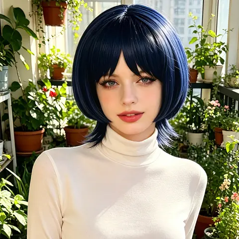 Dark Blue Silver Highlight Synthetic Short Straight Layered Bob Jagged Bangs Cosplay Anime Halloween Party Costume Role Play