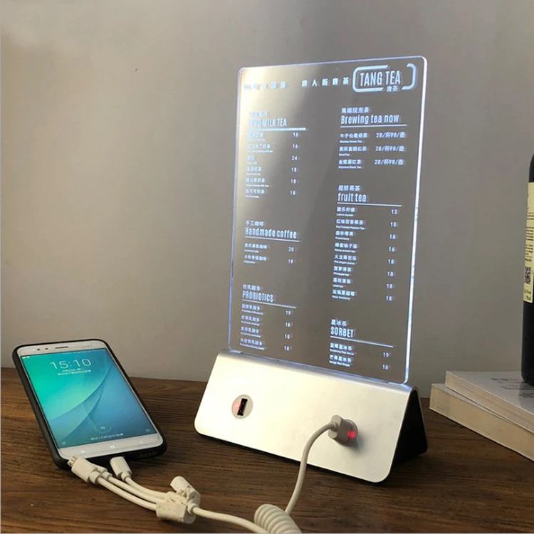 restaurant menu holder charger with USB interface table stand acrylic drink menu display holder