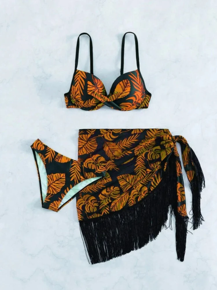 2025 3-teiliges bedrucktes Bikini-Set mit Fransen, passender Überrock, schnell trocknend und chlorbeständig, Sommer-Vintage-Feiertags-Sonnenbrille