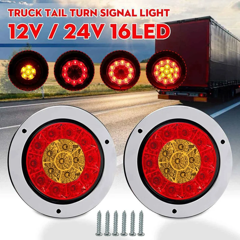 2X 4 Inch 16 LED Round Truck Trailer RV Brake Stop Turn Tail Signal Light Red Amber Chrome Waterproof 12-24V