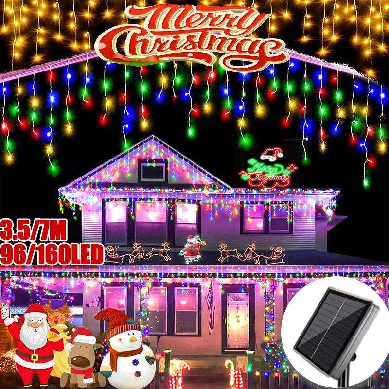 

3.5M/7M Christmas Solar LED Two Color Outdoor Waterproof Garden Patio Party Decoration Festive Starry Waterfall Ice Bar Light