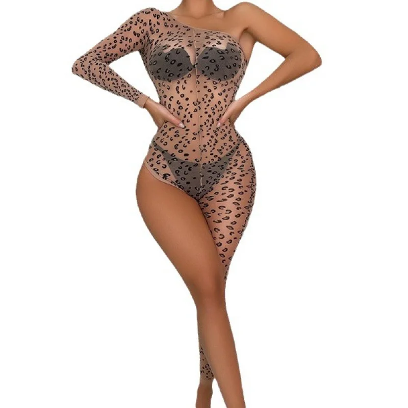 Foreign Trade Cross-Border Hot Women\'s Sexy Underwear Asymmetric Black Leopard Print Body Stocking plus Size Mesh Bodysuit