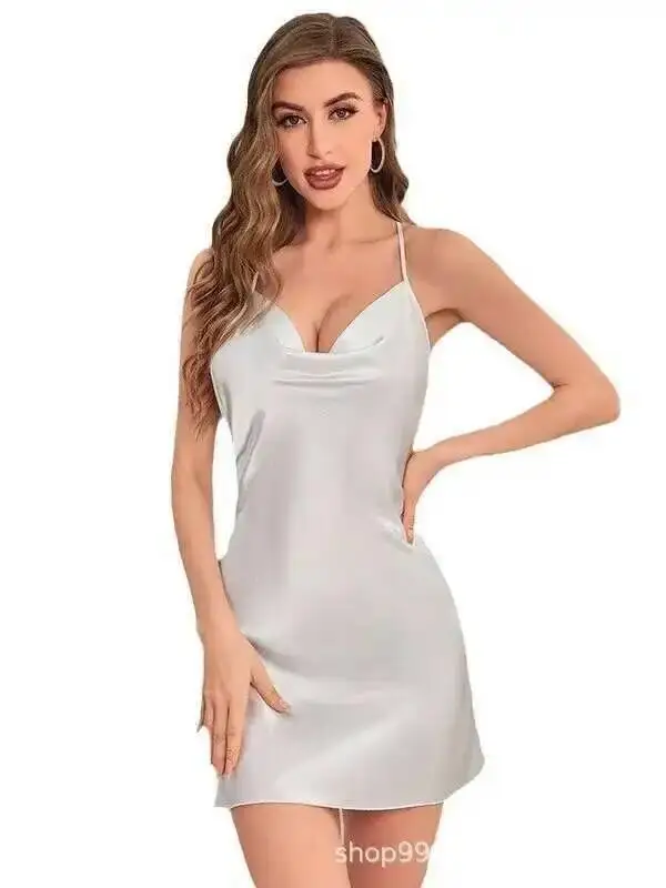 Sexy Weibliches Kleid Wickelbrust Rückenfrei Schmetterling Spitze Nachtkleid Seidensatin Damen Hosenträger Ärmelloses Kleid Schön FAHB