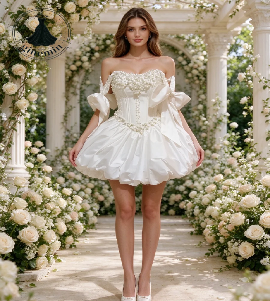 Romantic Pearls Civil Wedding Dress Off Shoulder Large Shoulder Bows Puffy Bubble Garden Bridal Gowns Elopement Beach Customized
