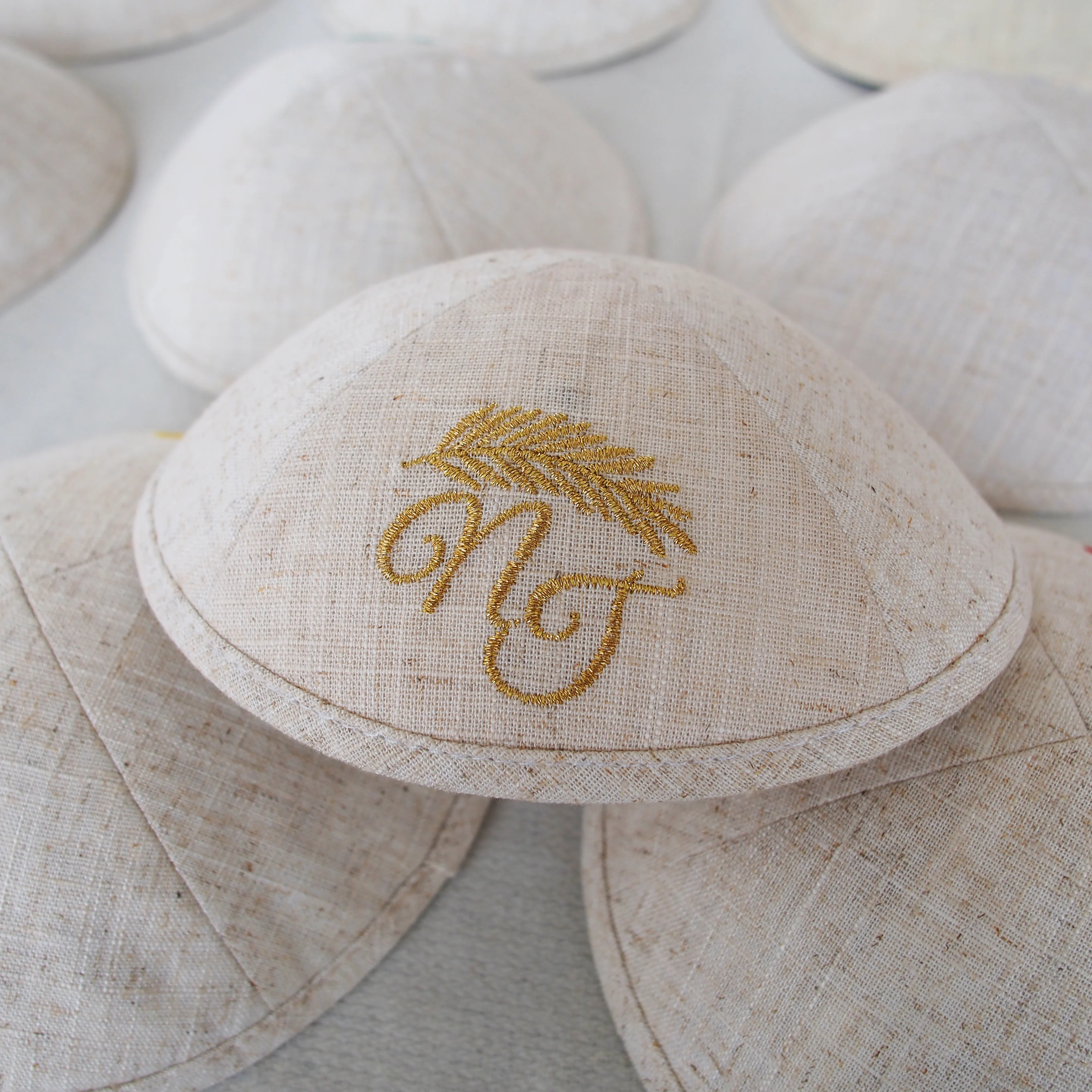 Custom metal thread embroidered linen kippa, Jewish Ahava, can be customized kippot for weddings and bar mitzvahs, Jewish gift y