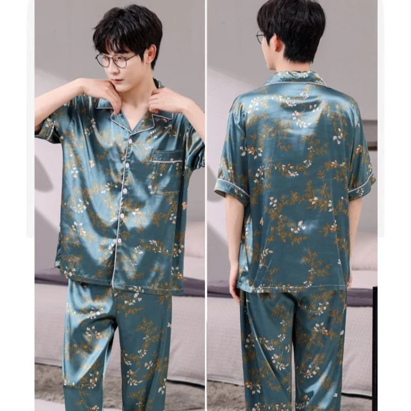 3XL-5XL 165KG 초대형 사이즈 새틴 잠옷 남성 여름 프린트 반팔 바지 두 조각 세트 잠옷 Silky Loungewear