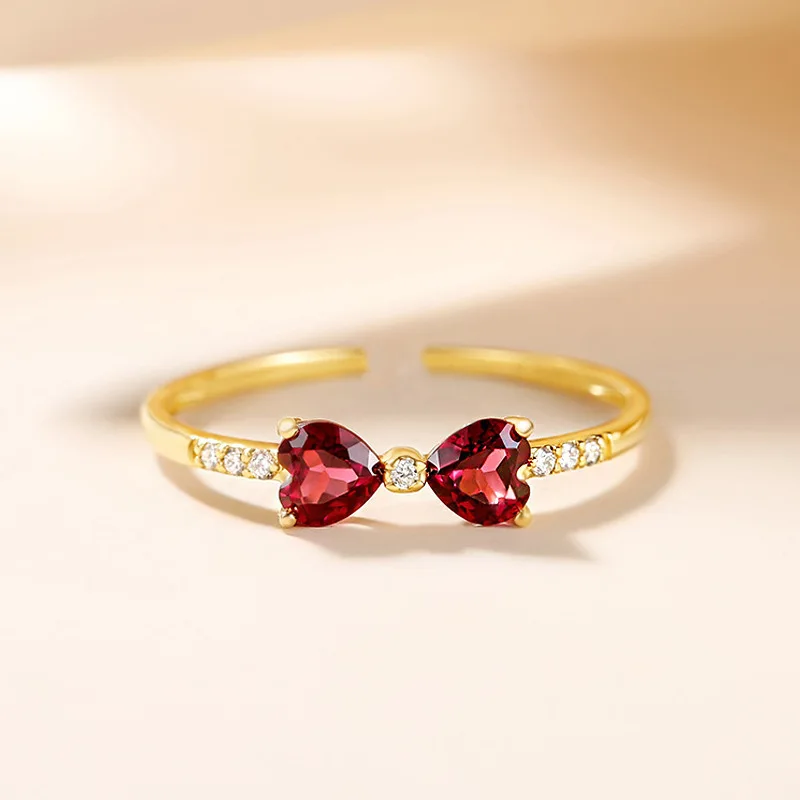 

925 Silver Heart Garnet Bowknot Open Rings For Women Half Eternity Infinity Finger Band Birthday Anniversary Gift Dropshipping