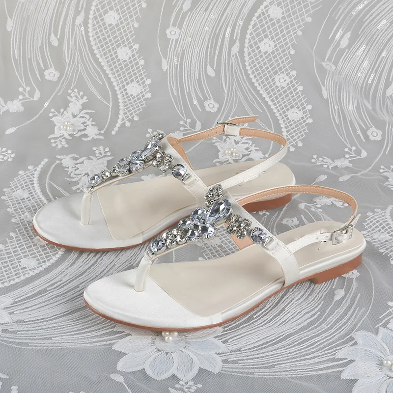 Venus Lure Customized Ivory Fabric Dressy Flat Sandals for Wedding with Jewels Women Bridal Sandals