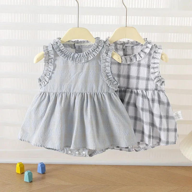 

Одежда для новорожденных девочек 0–2 лет. Очаровательное хлопковое клетчатое платье без рукавов для маленьких девочек со стильным кружевом, мягкое и милое.