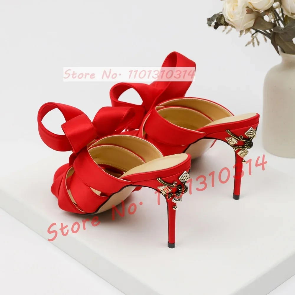 Red Ribbon Knotted Mules High Heels Women Chic Open Toe Gold Rivet Embellished Satin Slippers Female Outdoor Foldover Shoes