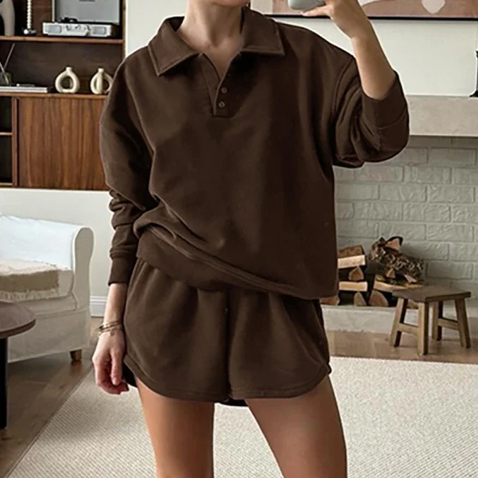 

Solid Color Lounge Set Women's Long Sleeve Top with High Waist Shorts Neutral Style Coordinated Two-Piece Outfit