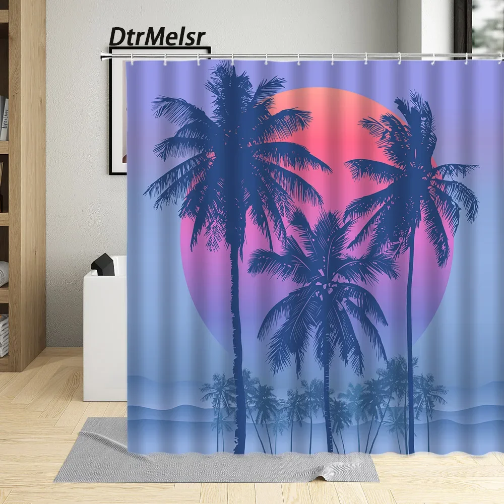 Coconut Palm Trees Shower Curtain Dusk Sun Plant Ocean Beach Creative Landscape Bath Curtains Blue Ombre Home Bathroom Decor Set