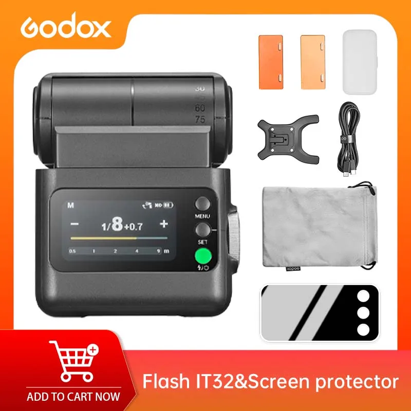 Godox iT32 TTL HSS Flash GN18 2.4G Wireless Rotating Head + 2PCS Tempered Glass Screen Protector 9H for DSLR Mirrorless