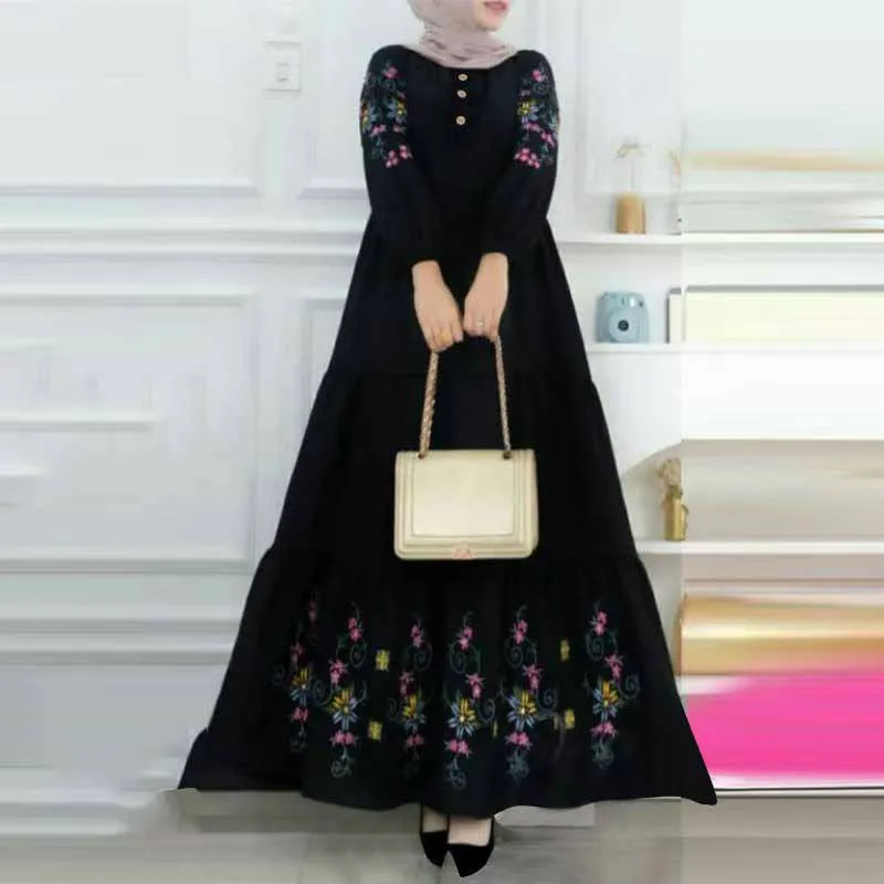 Vestidos muçulmanos da moda, bordados pesados, multicamadas, plissados, elegantes e elegantes, manga comprida, vestido maxi árabe
