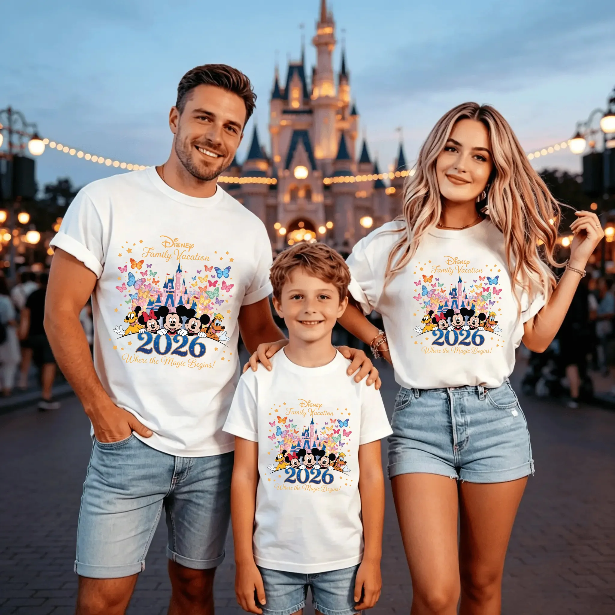 T-shirts de famille assortis à manches courtes, motif dessin animé, château magique, vacances en famille Disney 2026, où la magie se produit
