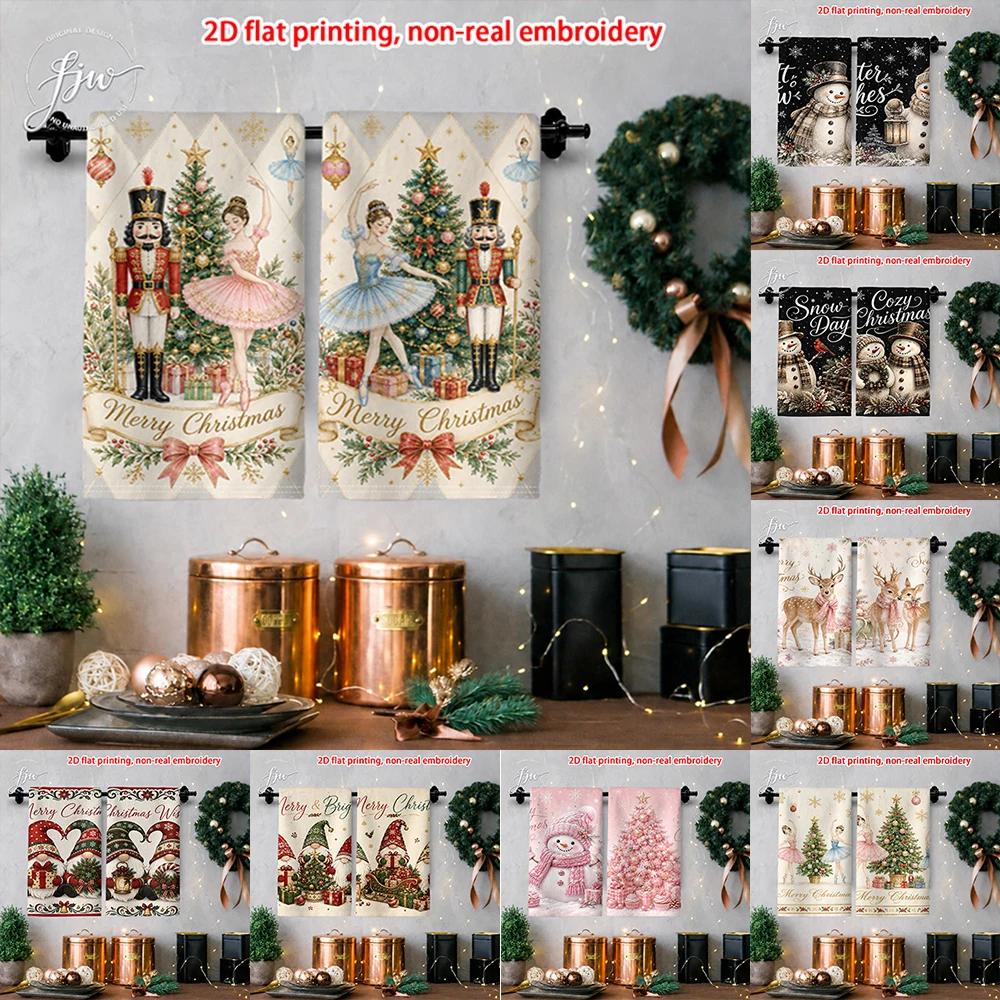 2pcs Christmas Kitchen Towels Set of 2 Vintage Nutcracker Snowman Xmas Tree Print Soft Dish Towels for Holiday Home Decor
