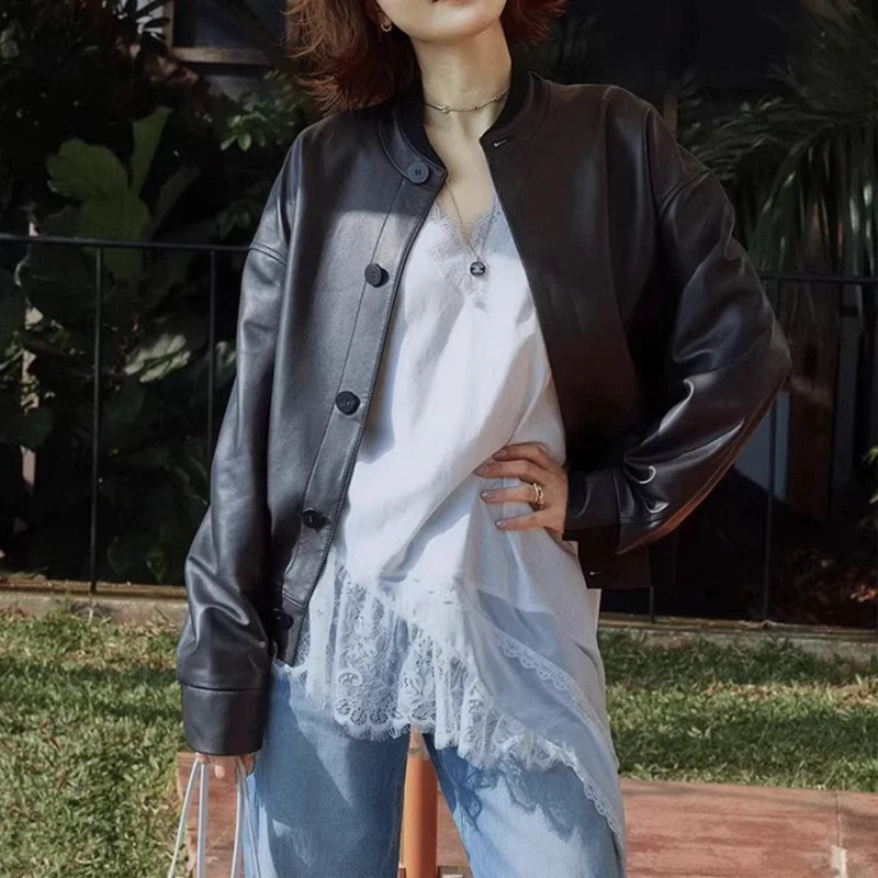 

2026 Autumn Imported Sheepskin Real Leather Jacket Coats Casual O-neck Single-breasted Women Slim-fit Soft Leather Short Jackets