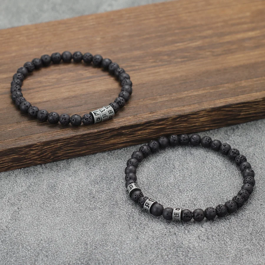 2Pcs 6mm Stone Beads Matte Stone Volcanic Stone Bracelet Homme Mystic Letter Runes Beaded Braclet Charms for Men Jewelry Set
