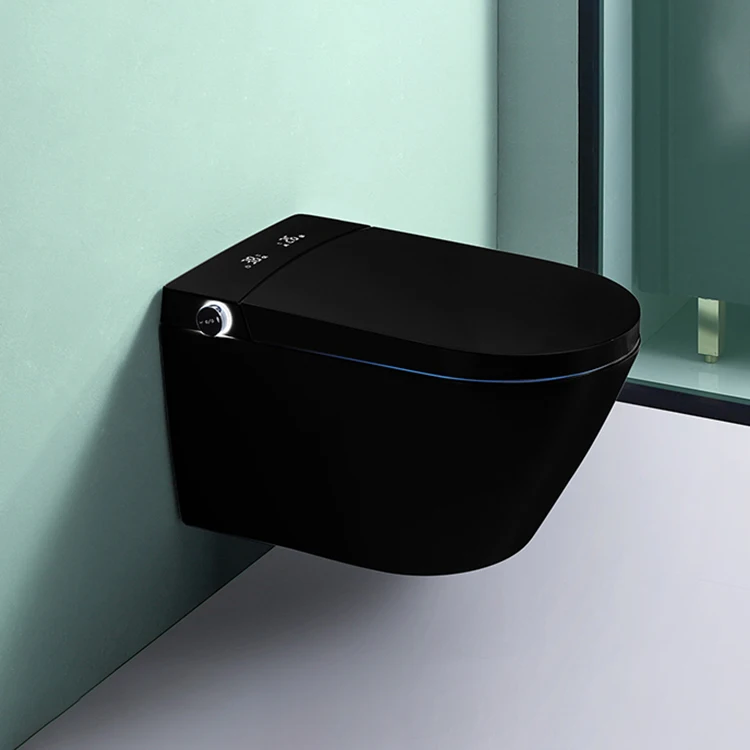 Wall mounted  p trap bathroom bidet auto open automatic flush intelligent wc bowl set black wall hung smart toilet with tank