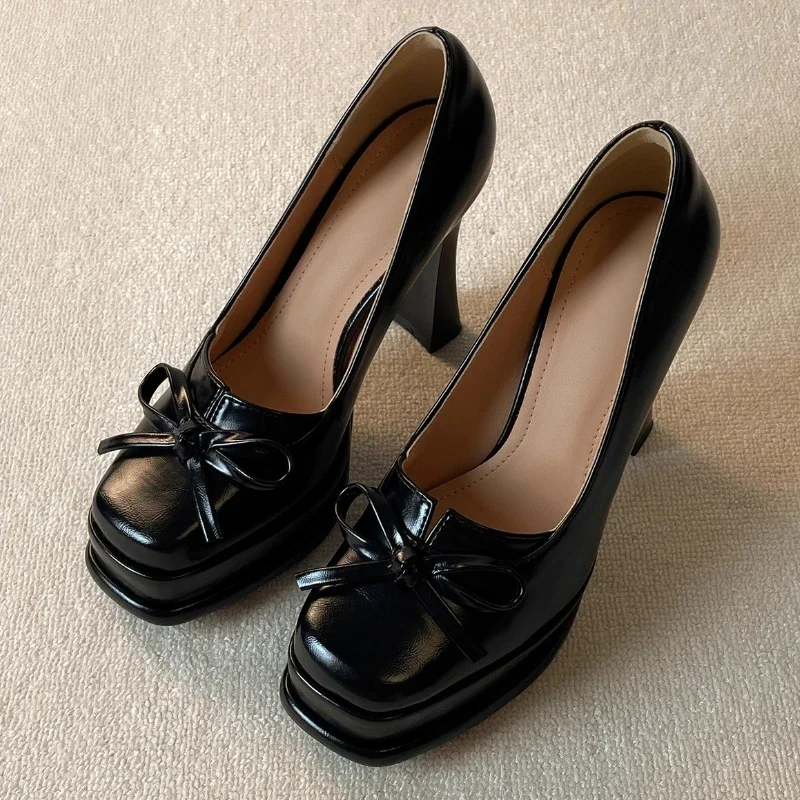 

Bowknot Square Toe Design Platform High Heels for Women Black Soft Leather PU Elegant Mary Jane Shoes Luxury Evening Dress Pumps
