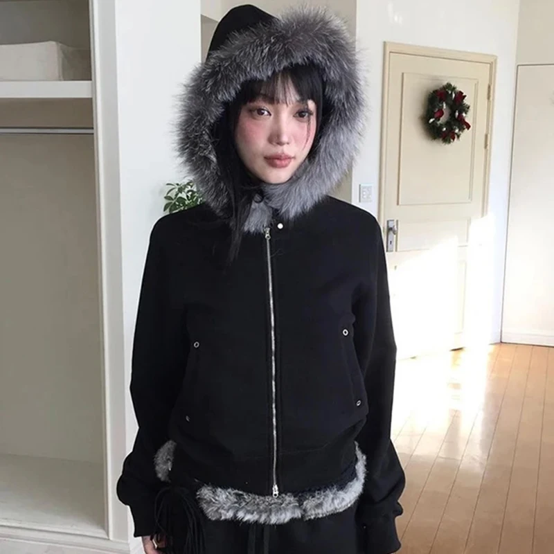 여성 사이버 그런지 후드 코트 가을 긴 소매 지퍼 플러시 브림 후드 포켓 포함 E-girl Preppy Vintage Y2k 스웨트