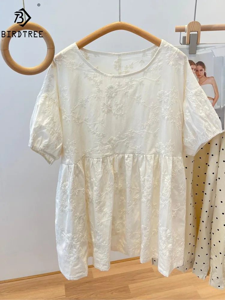 New Spring Cotton Short Sleeve Shirt Women Embroidery O Neck Top Girl Loose Sweet Casual Blouse 2024 Summer T45946QM