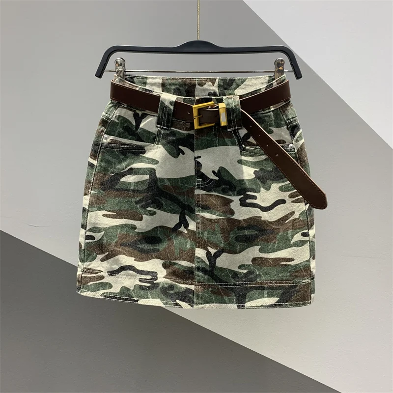 DEAT Damen-Jeansröcke, hohe Taille, Camouflage, bedruckt, Wickelhüften, schlanker A-Linien-Kurzrock, 2024, neue Mode, Herbst 29L8770